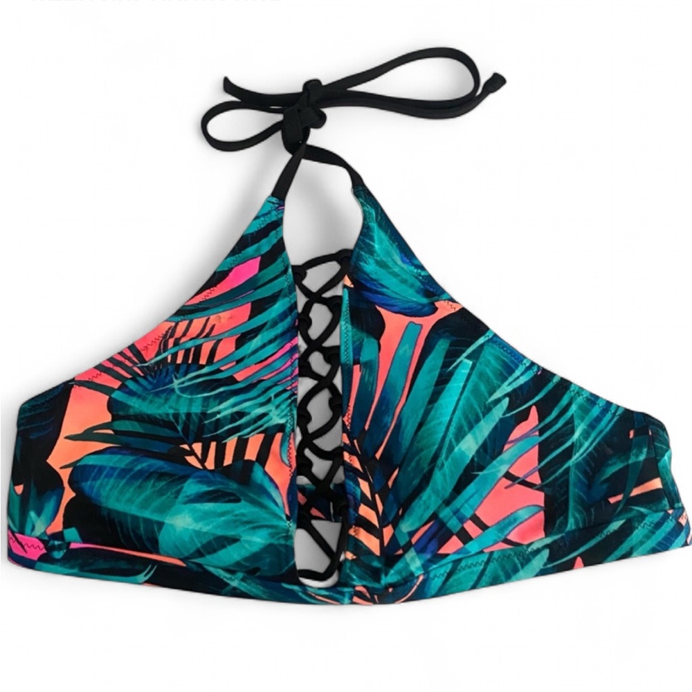 VICTORIA'S SECRET TEAL FLORAL PALM HALTER BIKINI TOP SIZE LARGE BEACH POOL SWIM